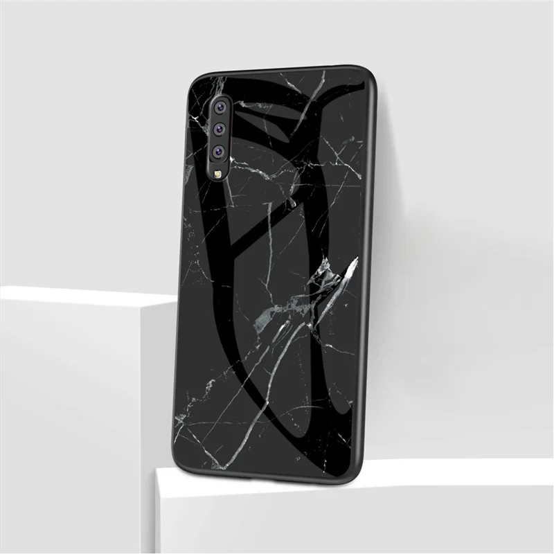 Marble Grain Pattern Tempered Glass PC + TPU Phone Shell for Samsung Galaxy A50/A50s/A30s - Black