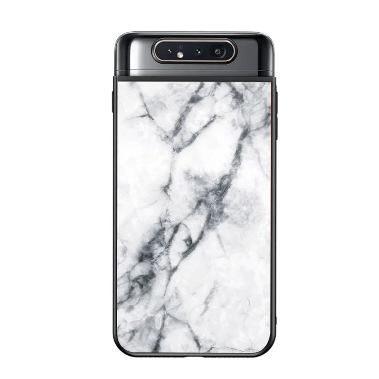 Modèle de Grain de Marbre PC en Verre Trempé + Coque Arrière TPU Pour Samsung Galaxy A80 / A90 - Blanche