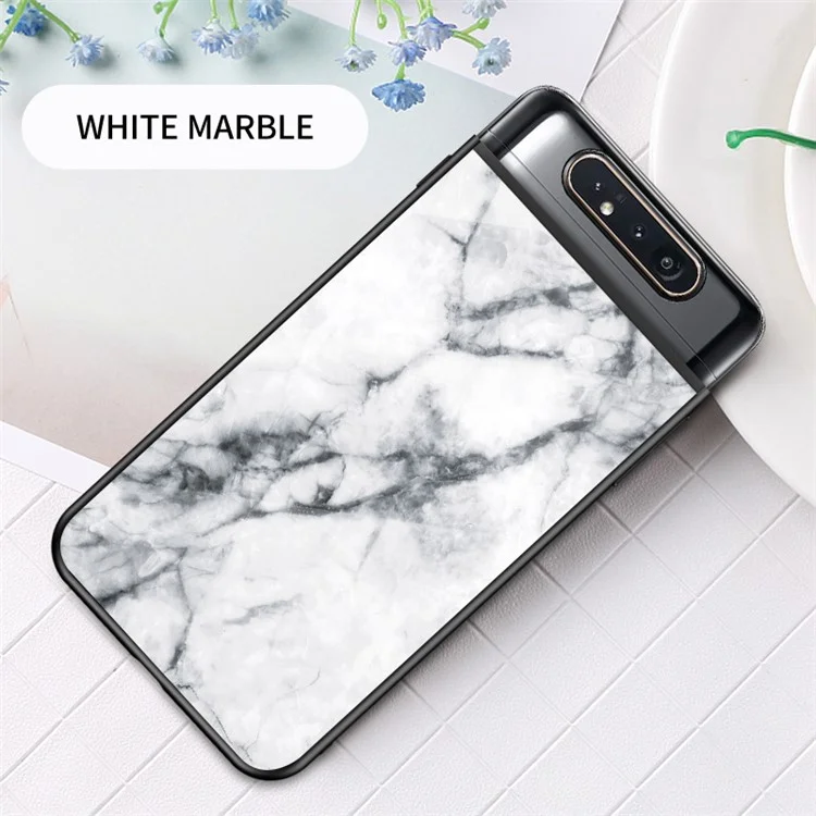 Modèle de Grain de Marbre PC en Verre Trempé + Coque Arrière TPU Pour Samsung Galaxy A80 / A90 - Blanche