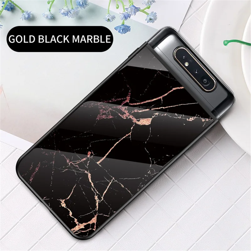Marble Grain Pattern Tempered Glass PC + TPU Back Shell for Samsung Galaxy A80/A90 - Black/Gold