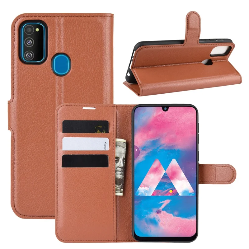 Litchi Skin Leather Stand Phone Shell Wallet Case for Samsung Galaxy M21 / M30s - Brown