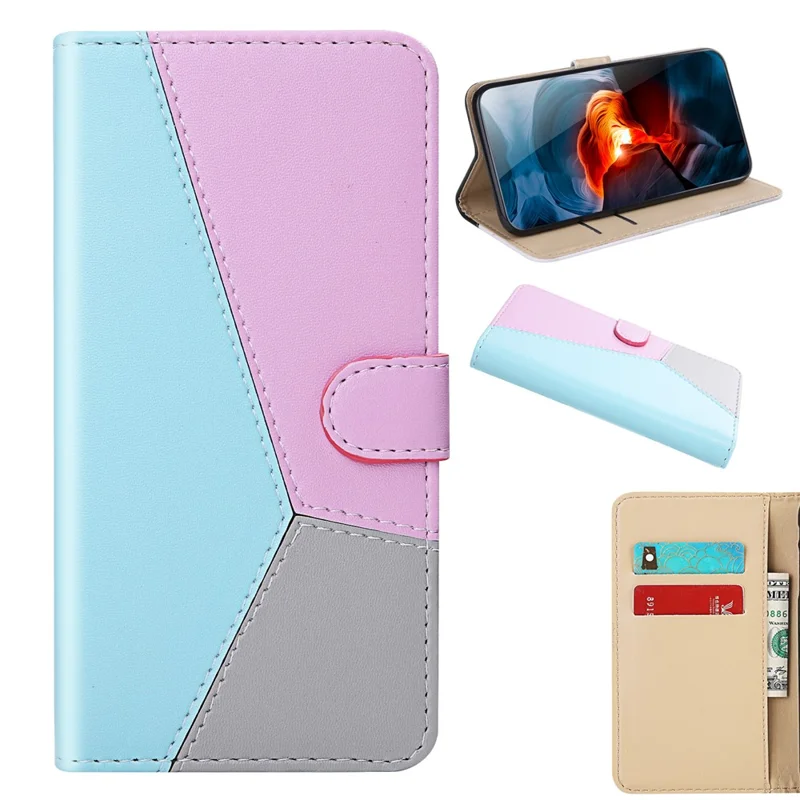 Three-color Splicing PU Leather Wallet Stand Case for Samsung Galaxy A40 - Blue/Purple/Grey