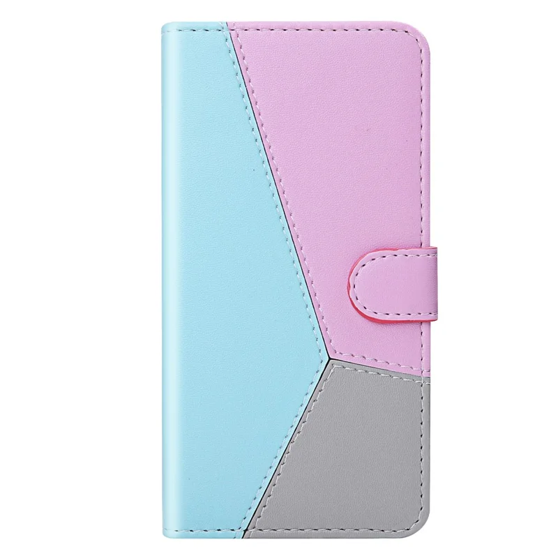 Three-color Splicing PU Leather Wallet Stand Case for Samsung Galaxy A40 - Blue/Purple/Grey