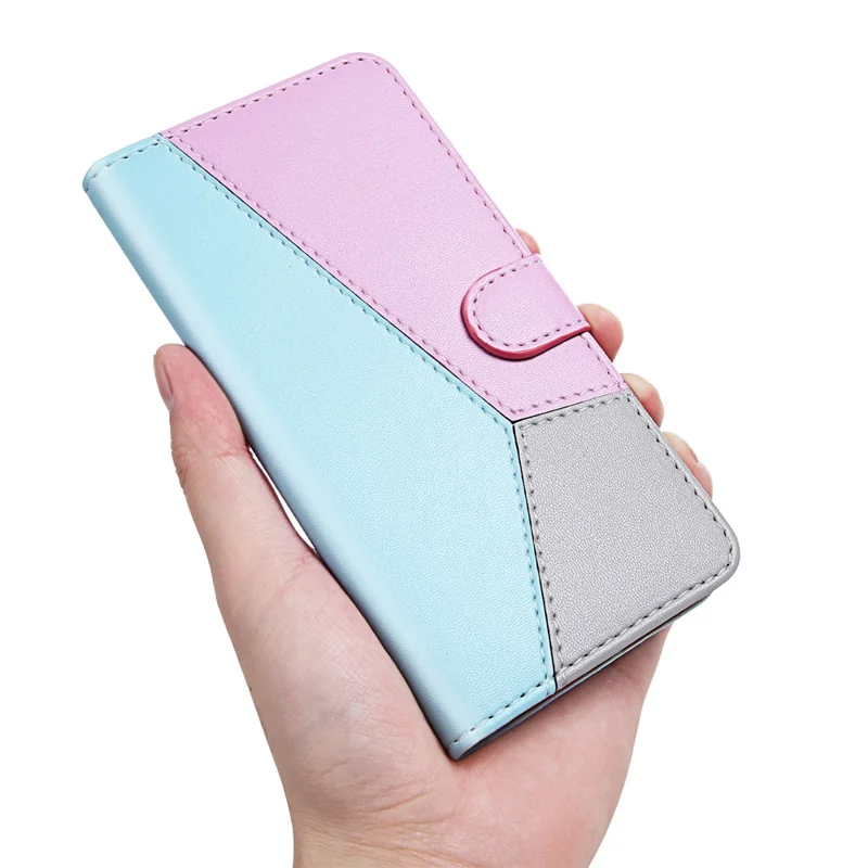 Three-color Splicing PU Leather Wallet Stand Case for Samsung Galaxy A40 - Blue/Purple/Grey