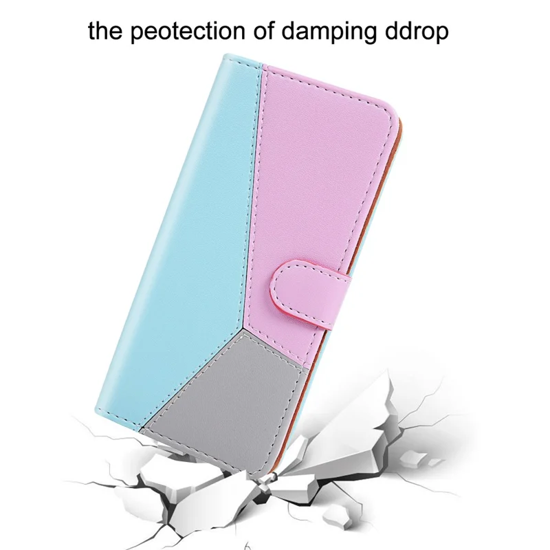 Three-color Splicing PU Leather Wallet Stand Case for Samsung Galaxy A40 - Blue/Purple/Grey