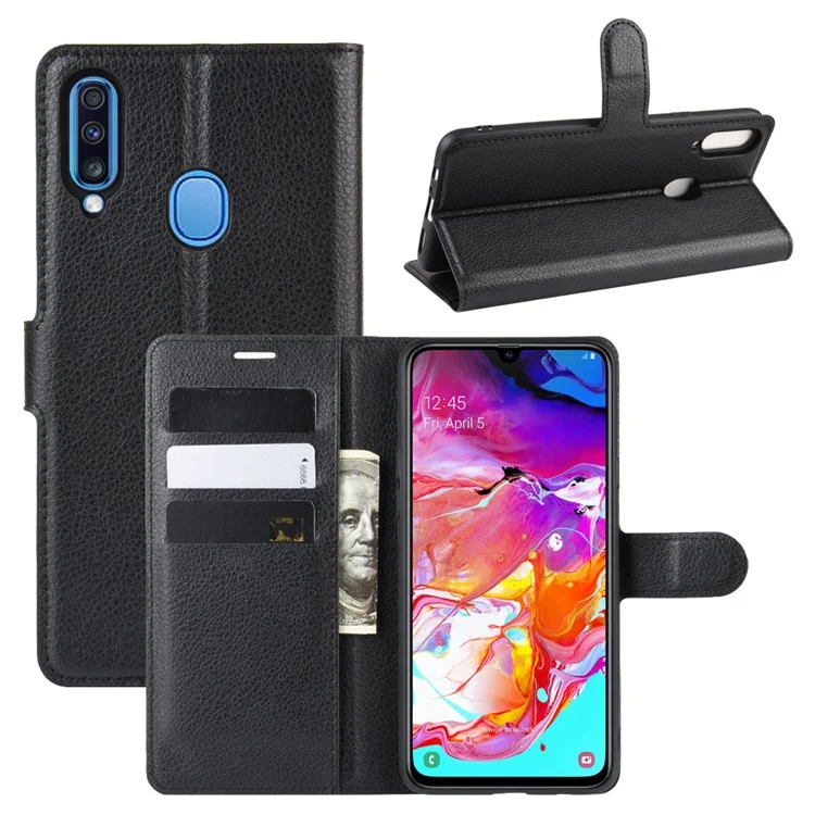 Litchi Skin Wallet Leather Stand Téléphone Couverture Pour Samsung Galaxy A20s - le Noir