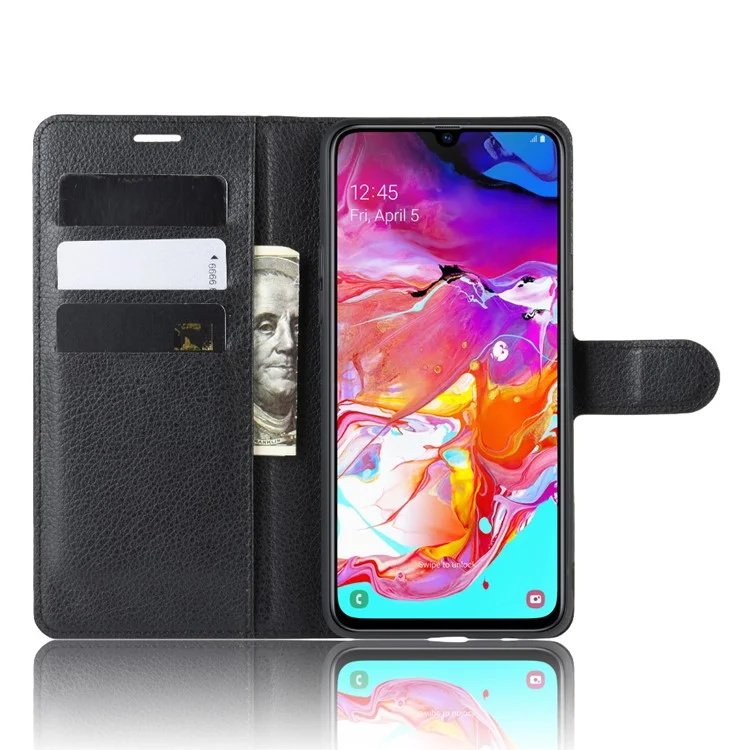 Litchi Skin Wallet Leather Stand Phone Cover for Samsung Galaxy A20s - Black