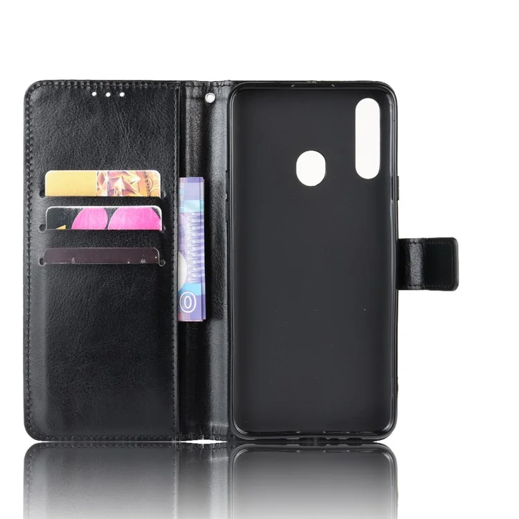 Crazy Horse Skin Wallet Leather Protective Cover with Stand for Samsung Galaxy A20s - Black