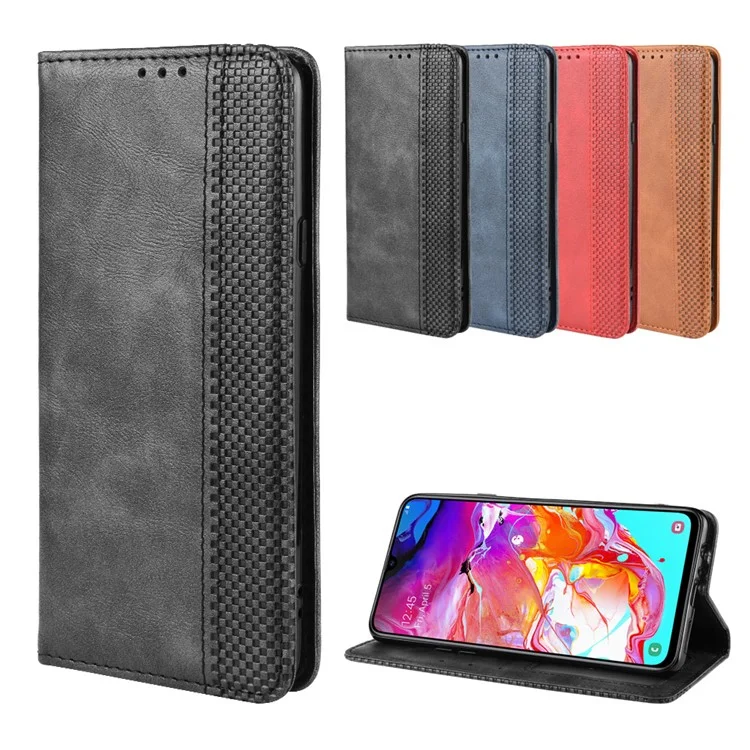 Retro Style PU Leather Wallet Stand Cell Phone Cover Casing for Samsung Galaxy A20s - Black