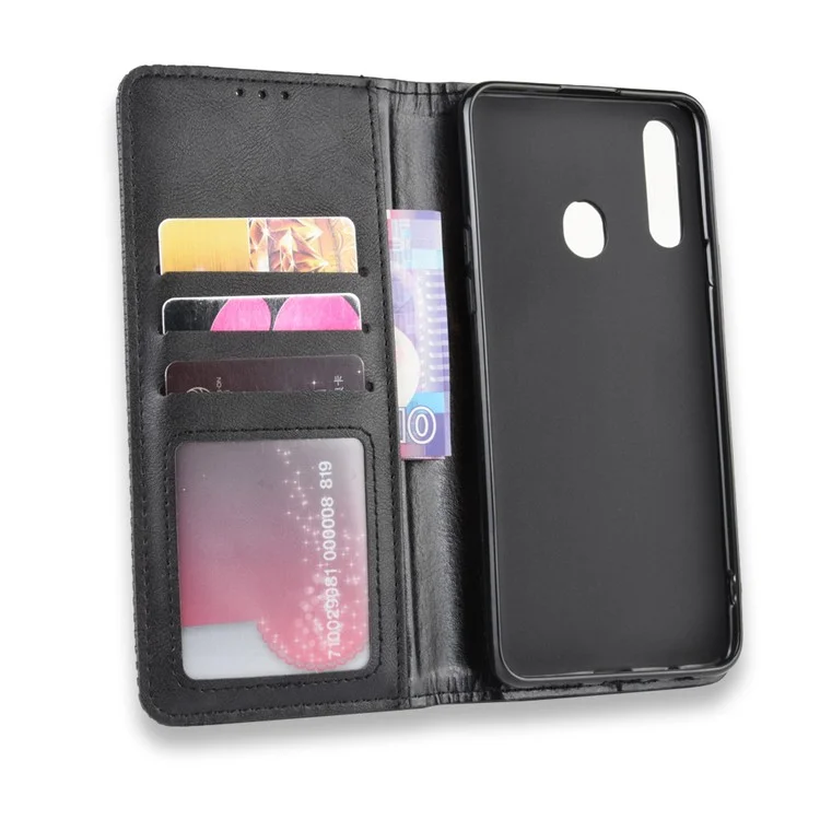 Retro-Stil PU-Leder Portemonnaie Ständer Handy-Cover Hülle für Samsung Galaxy A20s - Schwarz