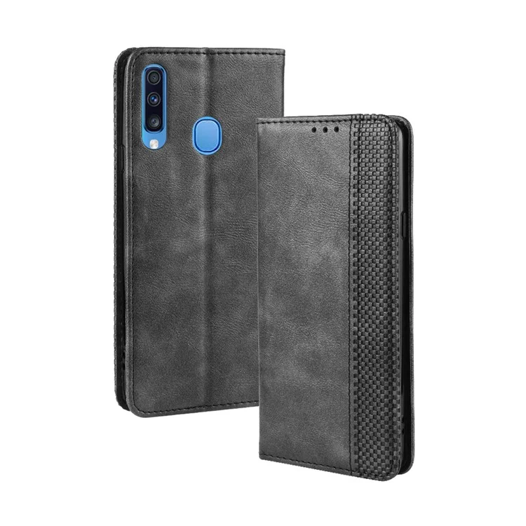 Retro-Stil PU-Leder Portemonnaie Ständer Handy-Cover Hülle für Samsung Galaxy A20s - Schwarz