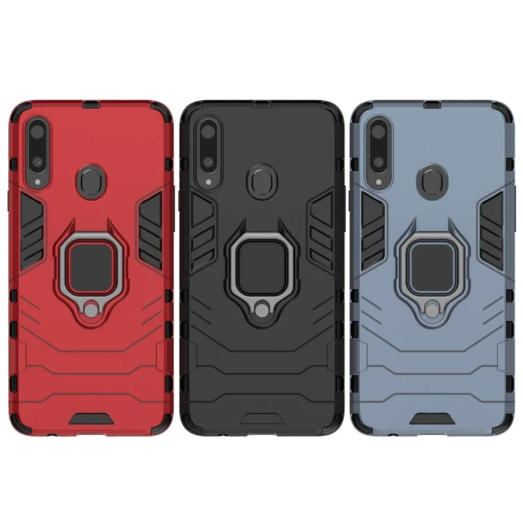 Cool Guard Finger Ring Kickstand PC + TPU Hybrid Protective Case für Samsung Galaxy A20s - Schwarz