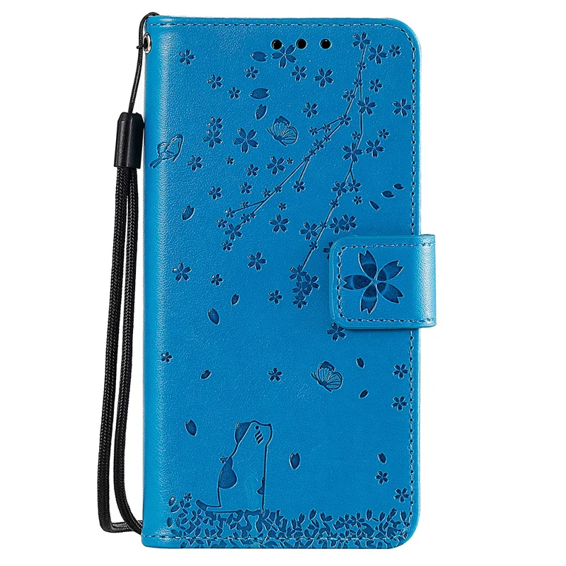 Imprint Sakura Cat Leather Wallet Case for Samsung Galaxy A10/M10 - Blue
