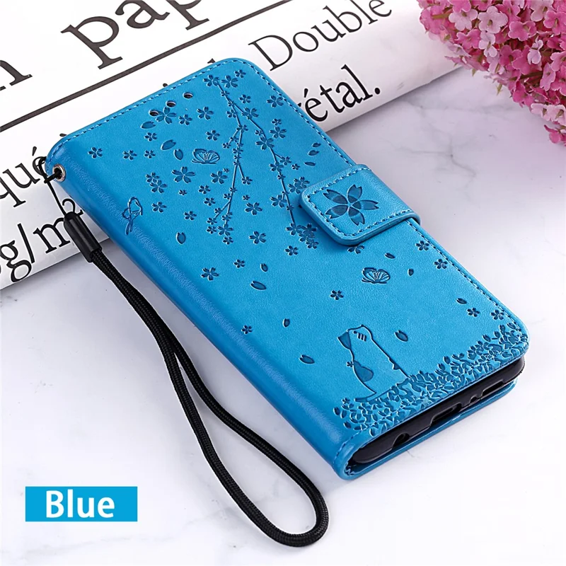 Imprint Sakura Cat Leather Wallet Case for Samsung Galaxy A10/M10 - Blue