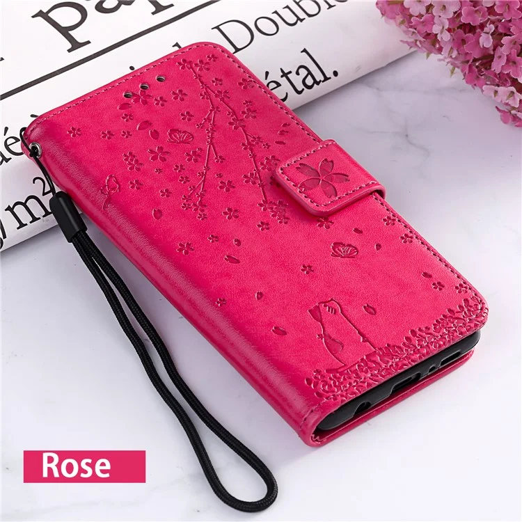 Imprint Sakura Cat PU Leather Wallet Case for Samsung Galaxy J5 Pro (2017) / J5 (2017) / J530 - Rose