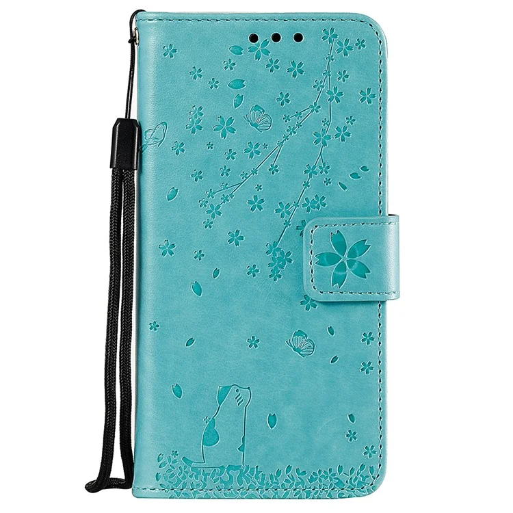 Imprint Sakura Cat Leather Cover for Samsung Galaxy A50 / A30s / A50s - Cyan