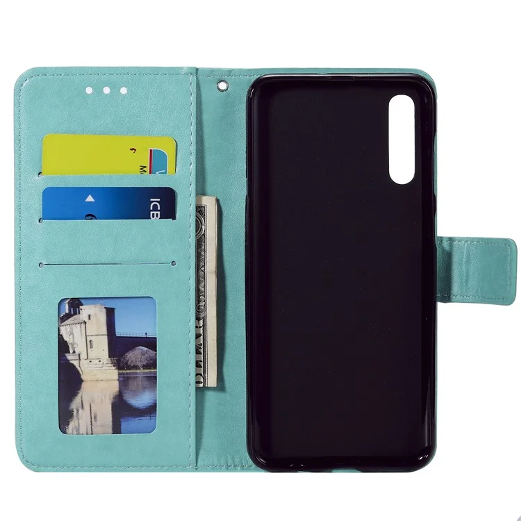 Imprint Sakura Cat Leather Cover for Samsung Galaxy A50 / A30s / A50s - Cyan