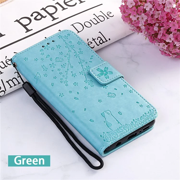 Imprint Sakura Cat Leather Cover for Samsung Galaxy A50 / A30s / A50s - Cyan