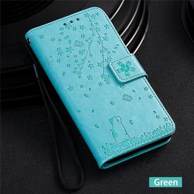 Imprint Sakura Cat Leather Cover for Samsung Galaxy A50 / A30s / A50s - Cyan