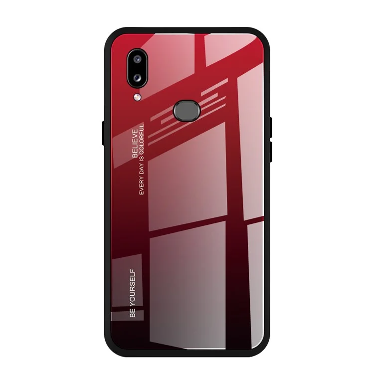 Gradiente de Vidrio Templado de Color + PC + TPU Case de Teléfono Híbrido Para Samsung Galaxy A10s - Negro Rojo