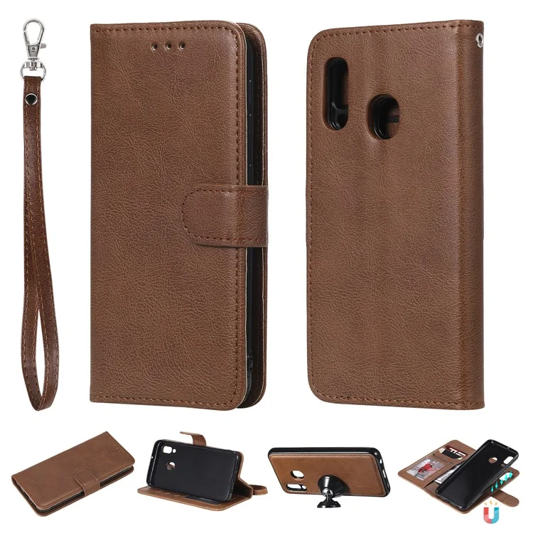 Magnétique KT Leath Series-3 Détachable Case de Support en Cuir de Portefeuille 2-en-1 Pour Samsung Galaxy A20e - Brun