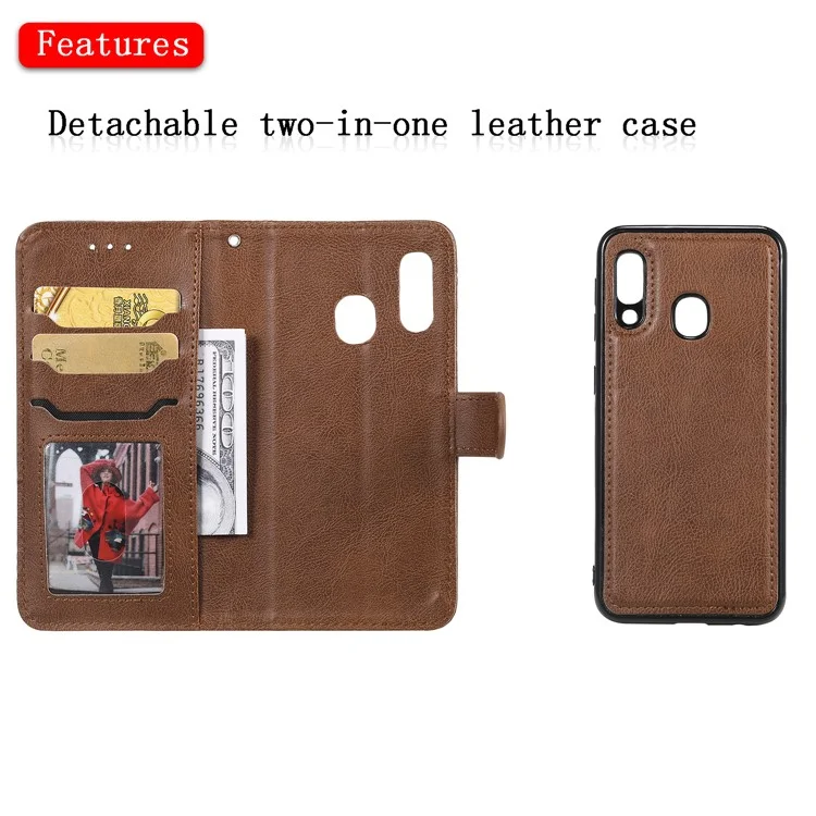 Magnétique KT Leath Series-3 Détachable Case de Support en Cuir de Portefeuille 2-en-1 Pour Samsung Galaxy A20e - Brun