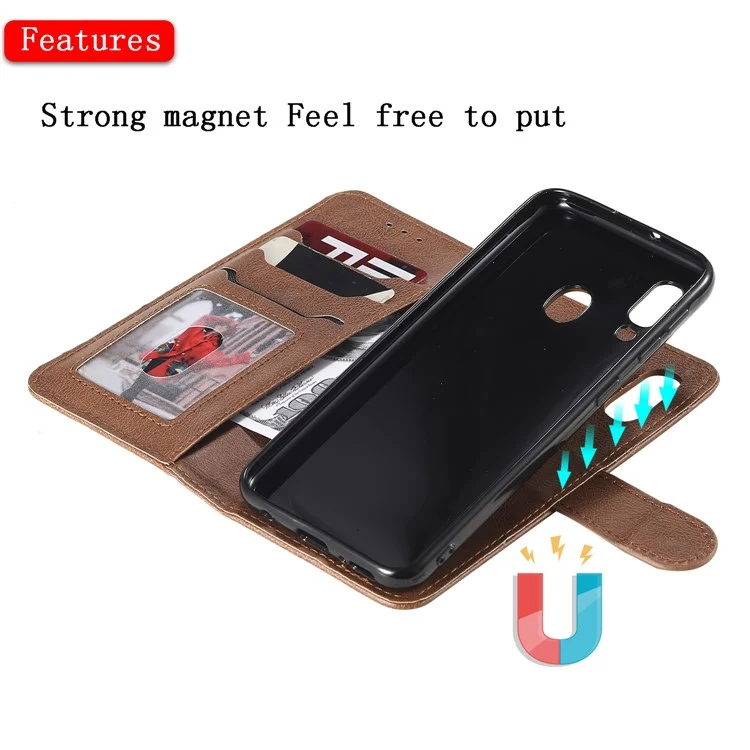 Magnétique KT Leath Series-3 Détachable Case de Support en Cuir de Portefeuille 2-en-1 Pour Samsung Galaxy A20e - Brun