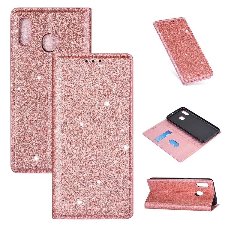 Soporte de polvo de destello Funda de tarjeta de cuero para Samsung Galaxy A20e - Oro rosa