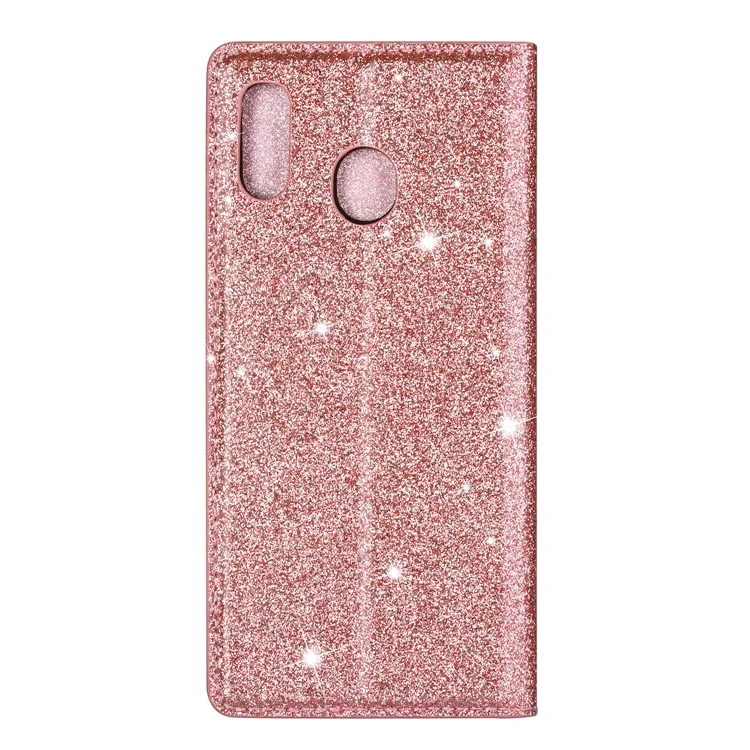 Soporte de polvo de destello Funda de tarjeta de cuero para Samsung Galaxy A20e - Oro rosa