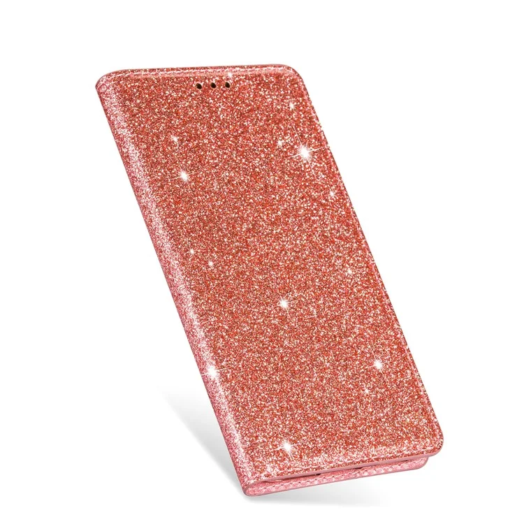 Soporte de polvo de destello Funda de tarjeta de cuero para Samsung Galaxy A20e - Oro rosa
