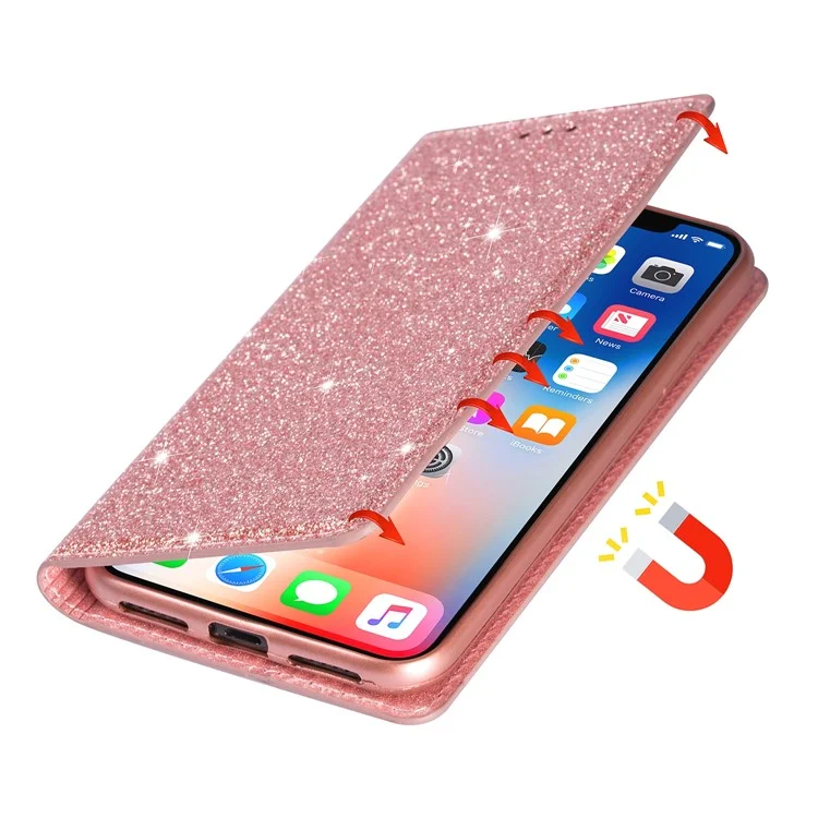 Soporte de polvo de destello Funda de tarjeta de cuero para Samsung Galaxy A20e - Oro rosa