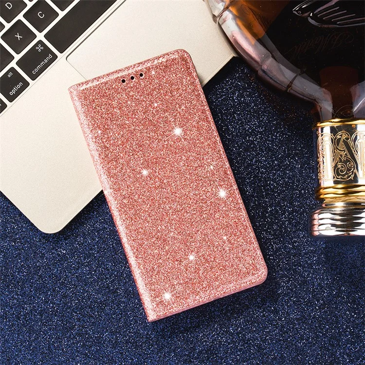 Soporte de polvo de destello Funda de tarjeta de cuero para Samsung Galaxy A20e - Oro rosa