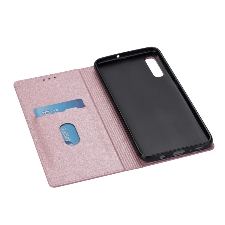 Estuche de Pie de Cuero con Ranura para Tarjeta Flash Powder para Samsung Galaxy A50 - Oro Rosa