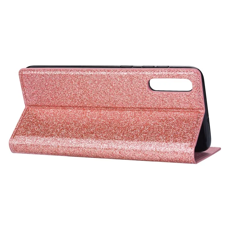 Estuche de Pie de Cuero con Ranura para Tarjeta Flash Powder para Samsung Galaxy A50 - Oro Rosa