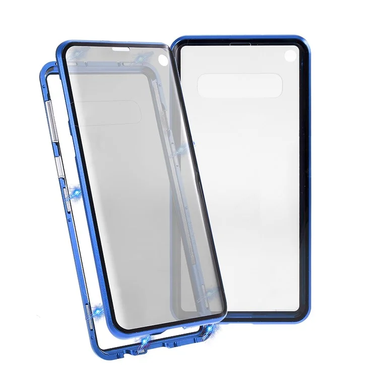 Cadre métallique d'installation magnétique anti-espion + Étui de protection en verre trempé [sans déverrouillage par empreinte digitale] pour Samsung Galaxy S10 - Bleu