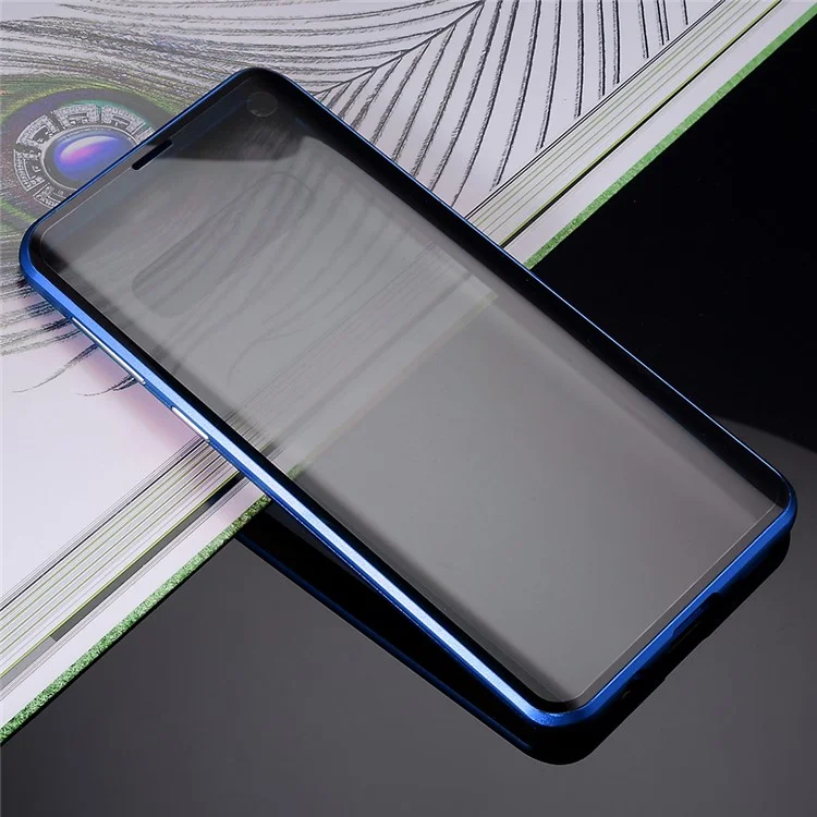 Cadre métallique d'installation magnétique anti-espion + Étui de protection en verre trempé [sans déverrouillage par empreinte digitale] pour Samsung Galaxy S10 - Bleu