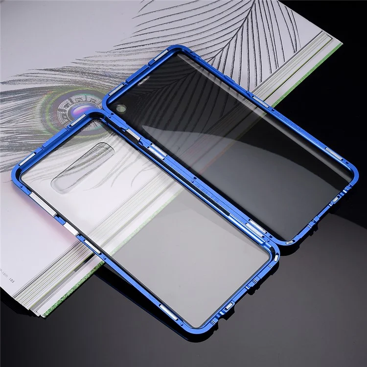 Cadre métallique d'installation magnétique anti-espion + Étui de protection en verre trempé [sans déverrouillage par empreinte digitale] pour Samsung Galaxy S10 - Bleu