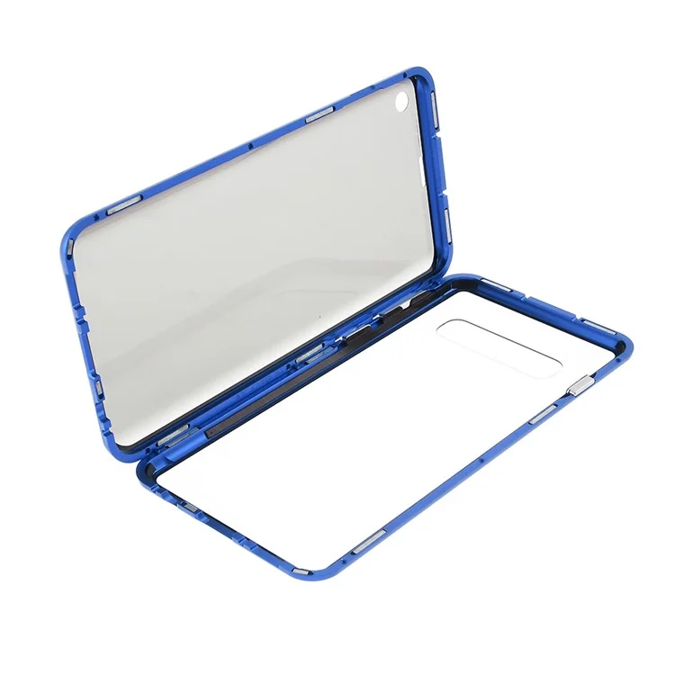 Cadre métallique d'installation magnétique anti-espion + Étui de protection en verre trempé [sans déverrouillage par empreinte digitale] pour Samsung Galaxy S10 - Bleu