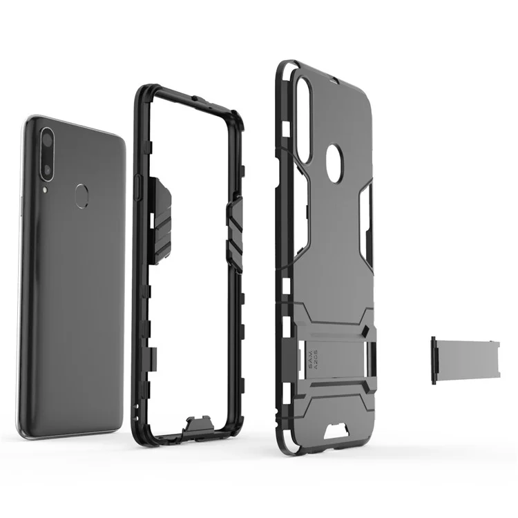 Caixa de Casca Híbrida de Plástico + TPU Com Kickstand Para Samsung Galaxy A20s - Preto