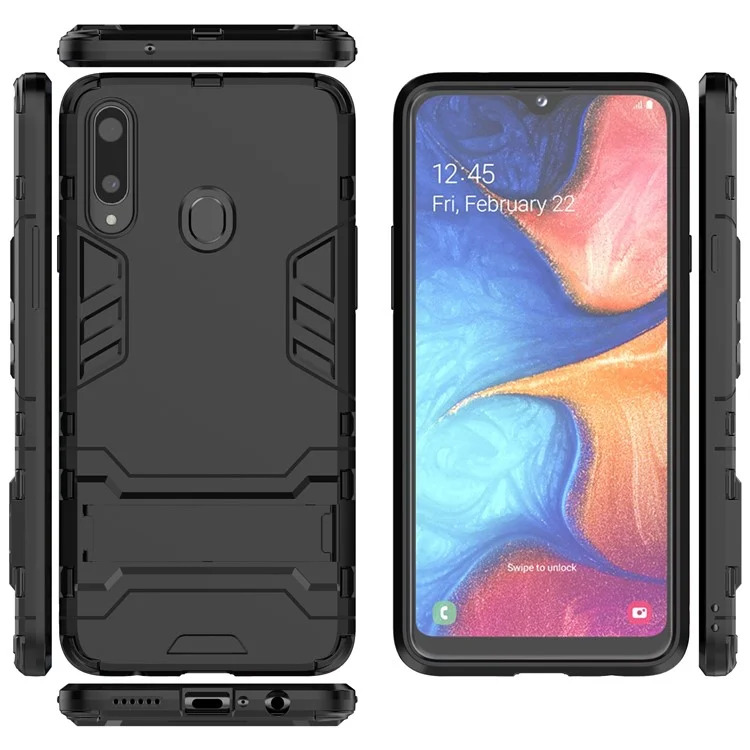 Caixa de Casca Híbrida de Plástico + TPU Com Kickstand Para Samsung Galaxy A20s - Preto