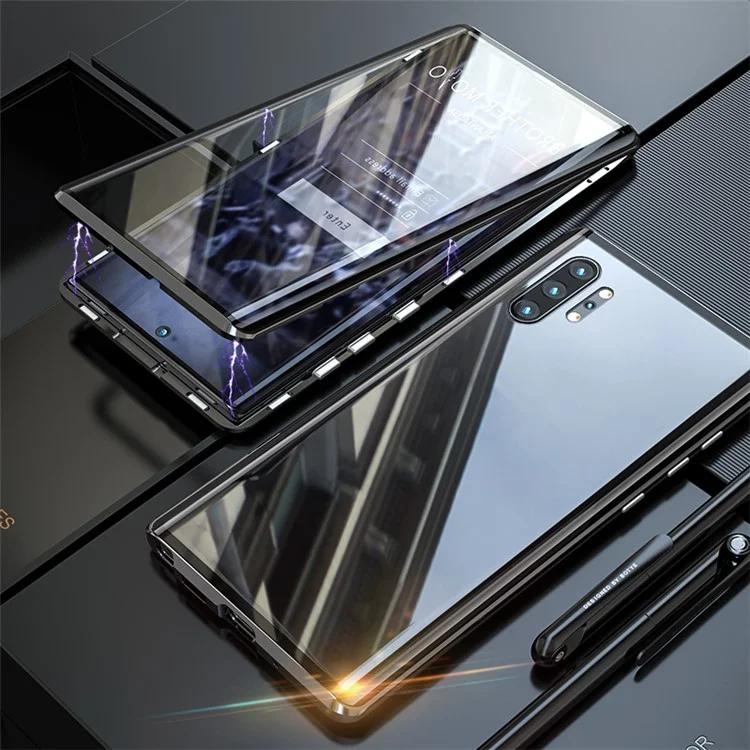 Cadre métallique d'installation magnétique + Coque de protection tout côté en verre trempé [Non compatible avec le déverrouillage par empreinte digitale] pour Samsung Galaxy Note 10 Plus/Note 10 Plus 5G - Noir