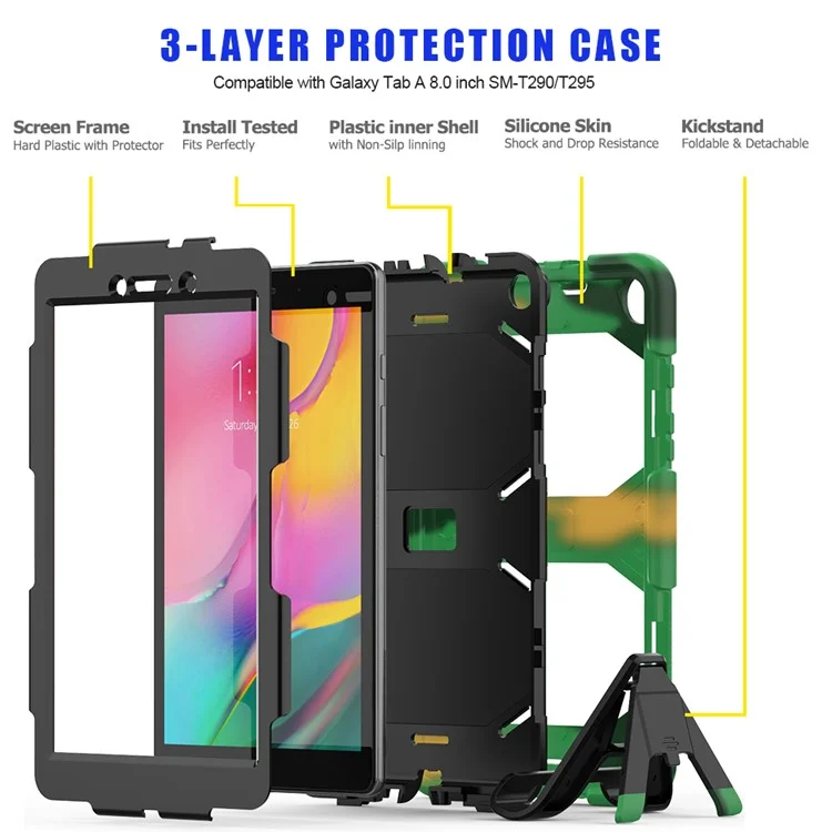 Shockproof Kickstand PC+Silicone Tablet Case for Samsung Galaxy Tab A 8.0 Wi-Fi (2019) SM-T290/T295  - Camouflage