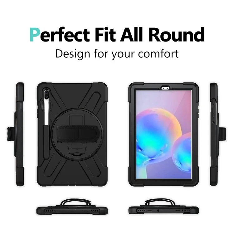 For Samsung Galaxy Tab S6 SM-T860 (Wi-Fi)/T865 (LTE) [X-Shape] PC + TPU Combo Kickstand Case with Hand Strap and Shoulder Strap Cover - Black