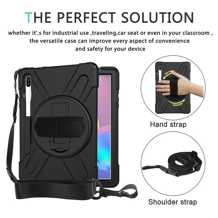 For Samsung Galaxy Tab S6 SM-T860 (Wi-Fi)/T865 (LTE) [X-Shape] PC + TPU Combo Kickstand Case with Hand Strap and Shoulder Strap Cover - Black