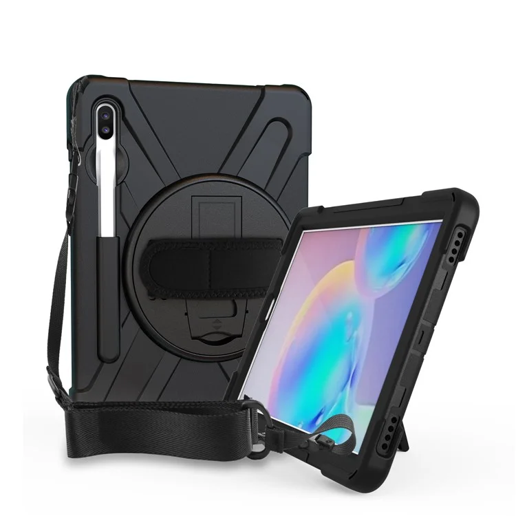 For Samsung Galaxy Tab S6 SM-T860 (Wi-Fi)/T865 (LTE) [X-Shape] PC + TPU Combo Kickstand Case with Hand Strap and Shoulder Strap Cover - Black