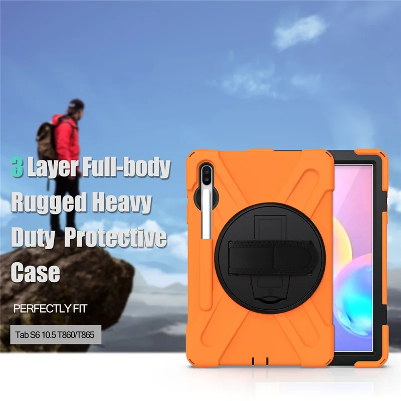 X-Shape PC + TPU Combo Case with Hand Strap Kickstand for Samsung Galaxy Tab S6 SM-T860 (Wi-Fi)/T865 (LTE) - Orange