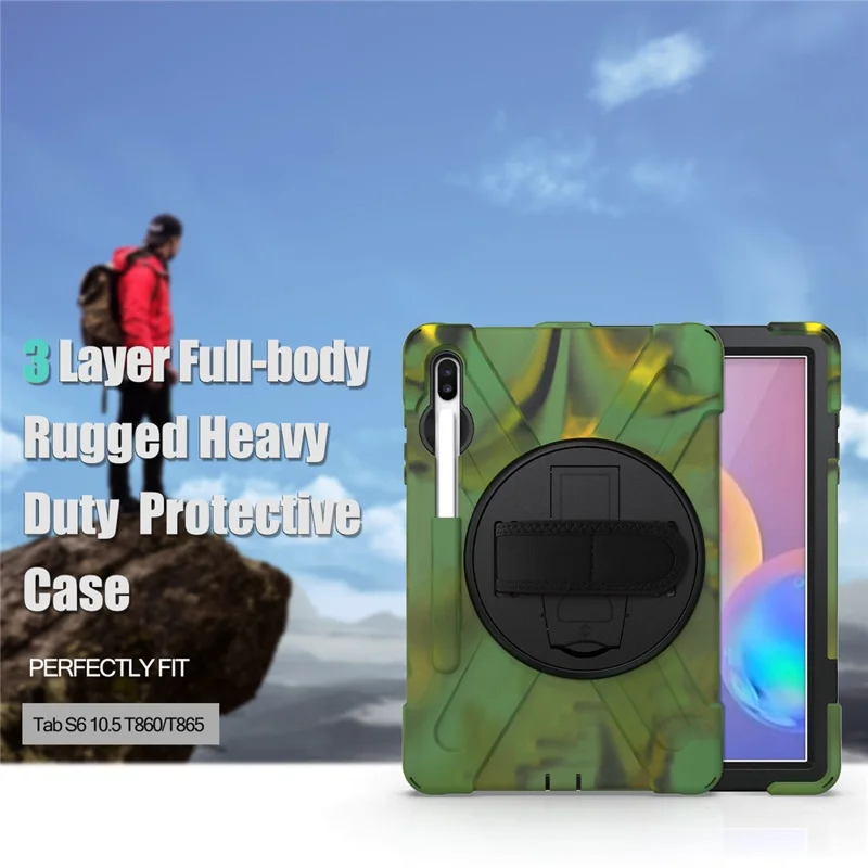 X-Shape PC + TPU Combo Case with Hand Strap Kickstand for Samsung Galaxy Tab S6 SM-T860 (Wi-Fi)/T865 (LTE) - Camouflage
