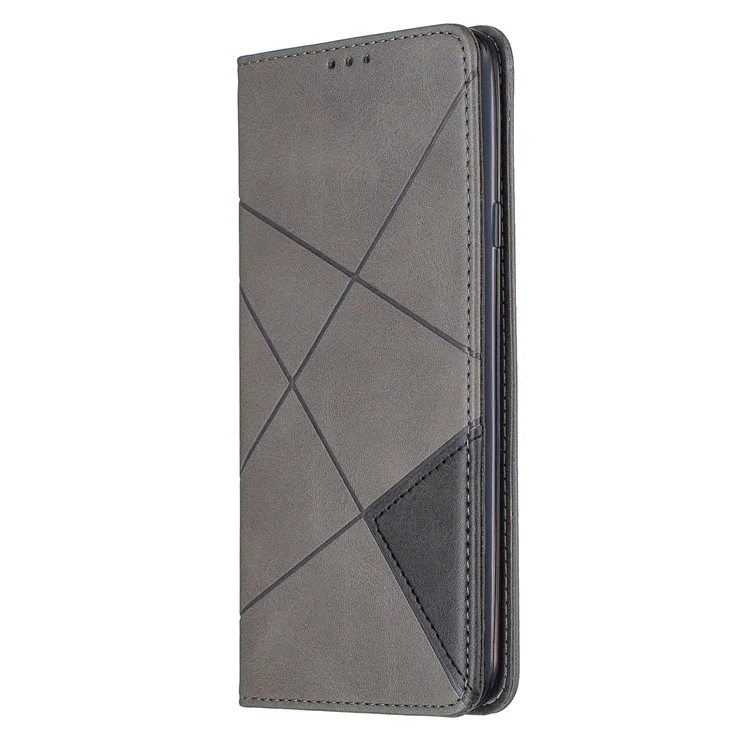 Geometrisches Muster -leder -kartenhalter -telefonfall Mit Standschale Für Samsung Galaxy A20s - Grau