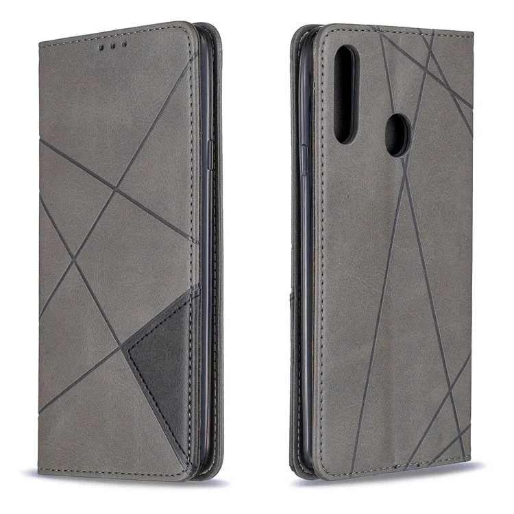 Geometrisches Muster -leder -kartenhalter -telefonfall Mit Standschale Für Samsung Galaxy A20s - Grau