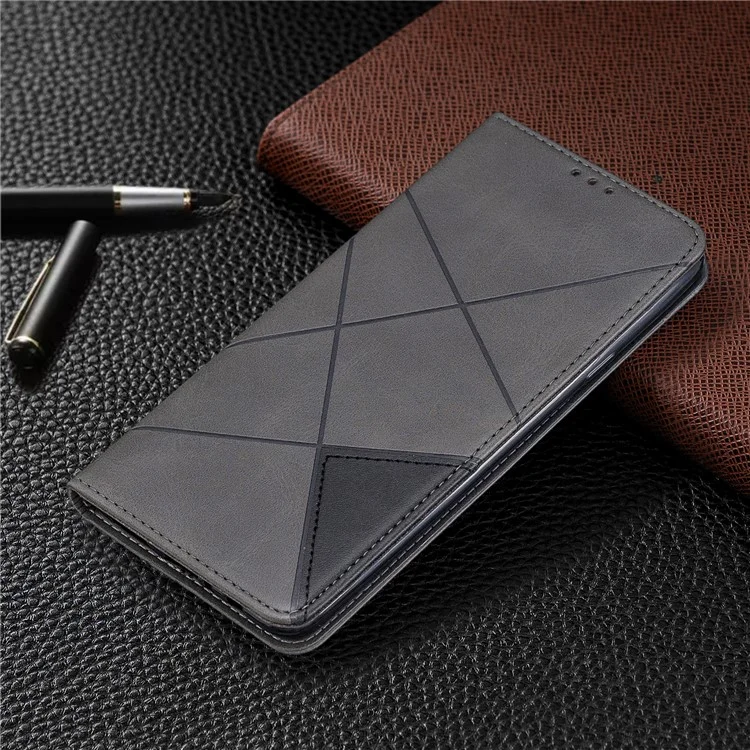 Geometrisches Muster -leder -kartenhalter -telefonfall Mit Standschale Für Samsung Galaxy A20s - Grau